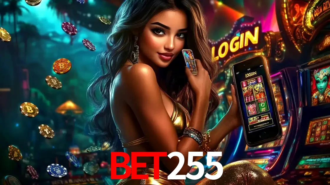 Mulher em um cenário de cassino temático de aventura, mostrando o app de caça-níqueis da BET255 no celular. Fichas de apostas flutuam ao redor.