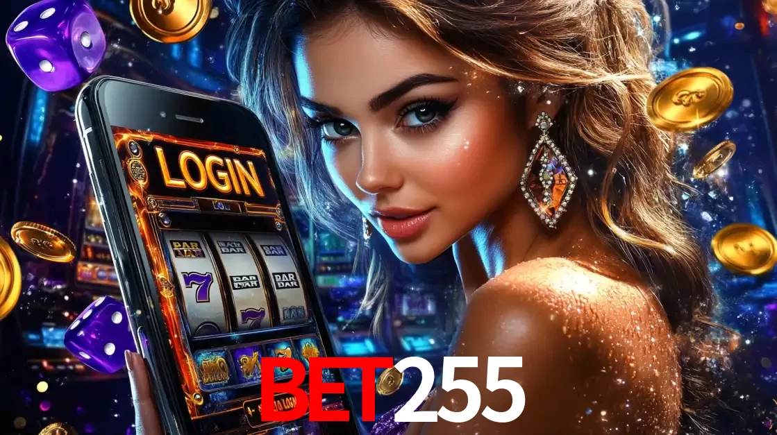 Mulher glamorosa segurando um smartphone com a tela de login para os jogos de caça-níqueis do cassino online BET255, com moedas de ouro e dados ao redor.