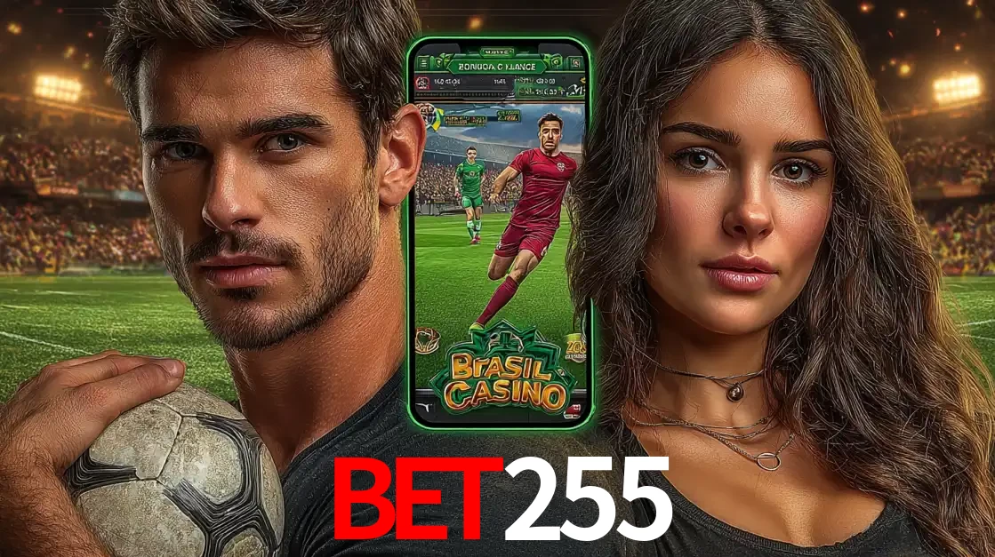 Homem segurando uma bola de futebol e uma mulher ao lado de um smartphone exibindo o jogo de apostas esportivas da BET255. Faça seu palpite no cassino online.